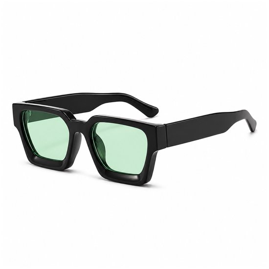 MoodLux Zonnebril Zwart - Unisex - Rechthoekig Montuur met Lichtgroene Glazen - Retro Festivalbril - UV400 Bescherming - C15