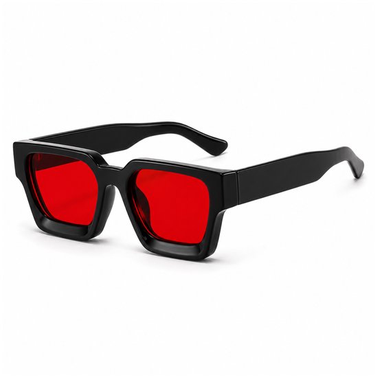 MoodLux Zonnebril Zwart - Unisex - Rechthoekig Montuur met Rode Glazen - Retro Festivalbril - UV400 Bescherming - C12