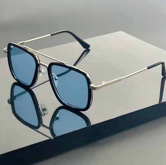 Mpariz - Heren Zonnebril – Metalen Montuur | Zilver Blauw + Brillenkoker van Merkloos