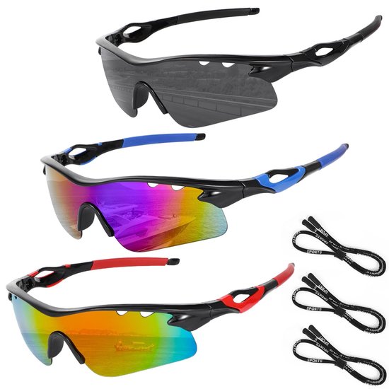 MTTproducts- Fietsbril Uniseks - 3 Stuks - UV400 Bescherming - Sportbril - Verstelbare Brillenbanden - Inclusief Brillenkoord en Poetsdoekjes