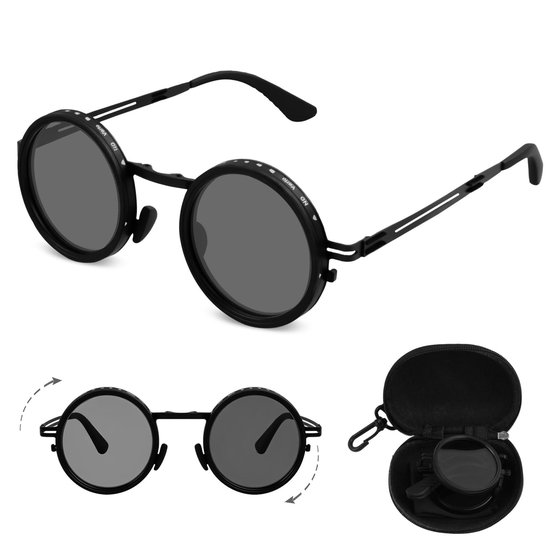Namajunas - Zonnebril - Heren - Dames - Verstelbare getinte ronde gepolariseerde glazen - 1-9 instelbare ND-filter - UV400 - Verblindingsbescherming - Metalen montuur Retro Unisex - Met Case - Zonnebrillen voor outdoorsport, vissen, autorijden