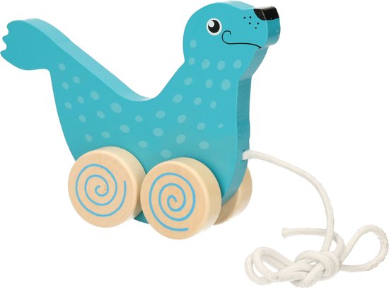 Nature planet - trekdiertje zeehond - 1x - turquoise blauw - hout -15 x 12 cm van N/A