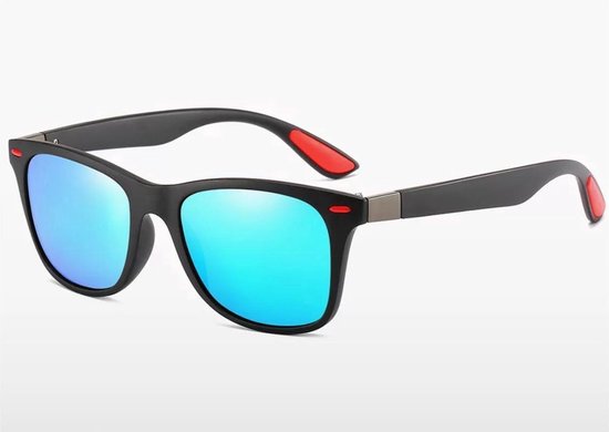 Okado Festival Zonnebril Unisex – Gepolariseerde Zonnebril met Blauw Spiegelende Glazen, Zwart Frame en Rode Accenten – UV400 Bril voor Festival, Zomer, Autorijden en Outdoor van Merkloos