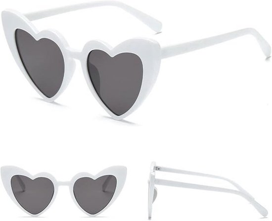 Okado Hartjes Zonnebril Wit – Festivalbril met Hartvormige Zwarte Glazen – Unisex Feestzonnebril voor Festival, Strand, Zomer, Carnaval, Themafeest en Verkleedlook
