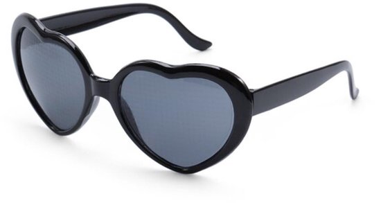 Okado Hartjes Zonnebril Zwart – Hartvormige Festivalbril met Diffractie Effect – Spacebril met Hartjes Effect voor Feest, Festival, Carnaval en Foto’s – One Size
