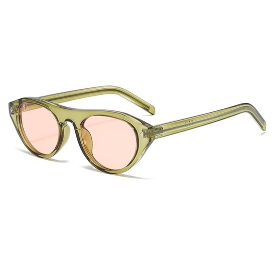 Ovale cat-eye zonnebril, modieuze kleine ronde retro cat-eye bril Geschikt voor dames, met UV-bescherming, Geschikt voor reizen, autorijden en dagelijks gebruik (groen montuur, roze glazen).