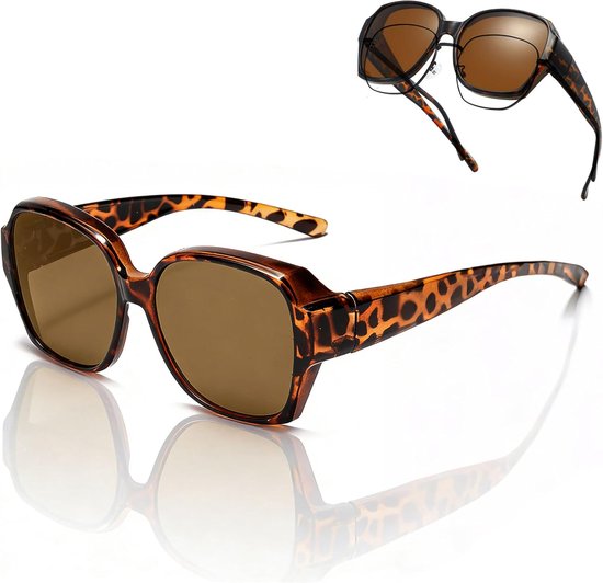 Overbril over bril, gepolariseerde overbril, oversized, UV400-bescherming, gepolariseerde zonnebril voor brildragers, ultralichte pasvorm over bril voor dames en heren, schildpadframe