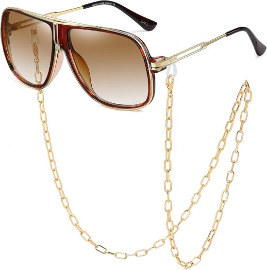 Oversized Pilot Zonnebril - Retro Vierkante Bril - Stijlvolle Bescherming - Unisex Metalen Frame - 58mm 48mm - Goud van Merkloos