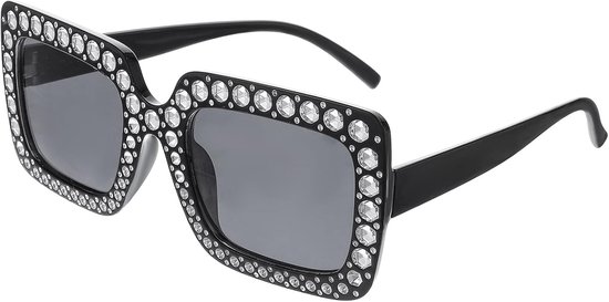 Oversized rechthoekige zonnebril met glitter strass - retro disco jaren 70 dik montuur semi-transparante bril unisex (zwart)