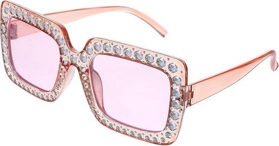 Oversized Rechthoekige Zonnebril - Retro Cool Disco Glitter Strass Bril 70s Dik Frame Semi-transparante Unisex in Roze, Eén Maat