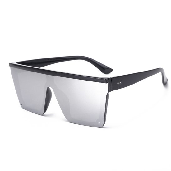 Oversized zonnebril, platte vierkante modieuze zonnehoed voor dames en heren, UV400 (zwart montuur, zilveren lenzen) van SHINU