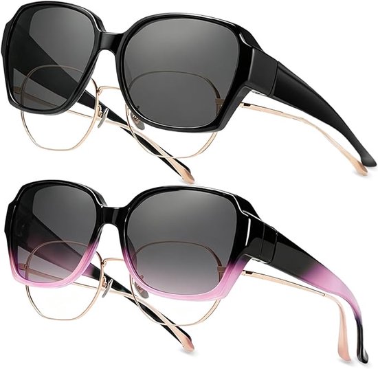 Overzet Zonnebril Groot Model - Oversized Zonnebril voor Dames - Gepolariseerd - UV400 - Set van 2 Fit-over Zonnebril - Clip-on - Retro Rond Montuur - Rijbril - Zwart en Roze Gradiënt