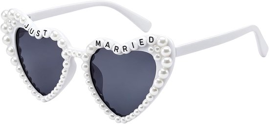 Parels, hartvormige zonnebril, Just Married decoratie, UV400-bescherming, bruid, zonnebril, kattenogen, zonnebril voor bruiloft, vrijgezellenbril, vrouwen, bruiloft, feestbril