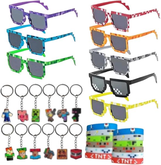 Pixel Zonnebrillen Set - Mosaik Brillen - Feest Accessoires - 8 Kleurrijke Stuks - 14 x 5 cm - Multicolor