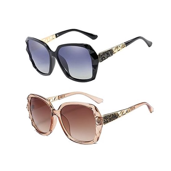 Polariserende Oversized Vierkante Zonnebril met UV400 Bescherming voor Dames - Set van 2 van Merkloos
