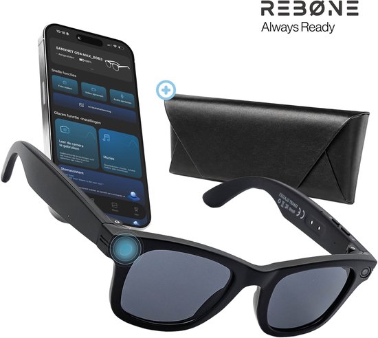 REBØNE® Camera Bril - AI Bril met Camera - Slimme Bril 8MP 1080p Full HD - Smart Glasses en Zonnebril met Bluetooth, Muziek en Bellen - 2 Sets Verwisselbare Glazen - Nederlandse App - Zwart met donkere Glazen