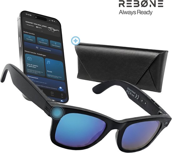 REBØNE® Camera Bril - AI Bril met Camera - Slimme Bril 8MP 1080p Full HD - Smart Glasses en Zonnebril met Bluetooth, Muziek en Bellen - 3 Sets Verwisselbare Glazen - Nederlandse App - Zwart met Blauwe Glazen