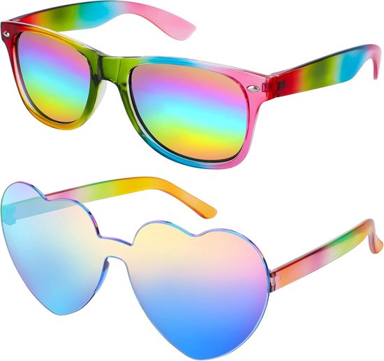 Regenboog zonnebrilset, hartvormige randloze zonnebril + regenboog retro zonnebril, nieuwigheid feestbril voor dames heren kinderen, festival jaren 90 funky bril LGBTQ Gay Pride
