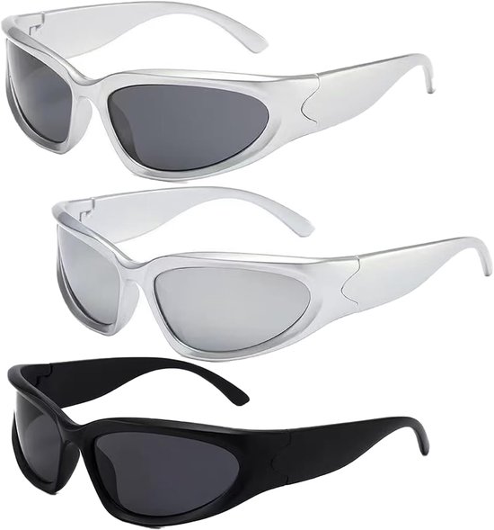Retro bril, zonnebril, heren en dames, lichtgewicht wrap-around zonnebril, gepolariseerde sportbril, trendy retro fietsbril, rechthoekige rave, verpakking van 3 stuks