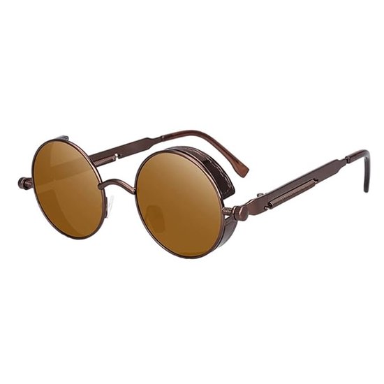 Retro steampunk zonnebrillen voor dames en heren, ronde metalen UV400 zonnebrillen - bruin + bruin