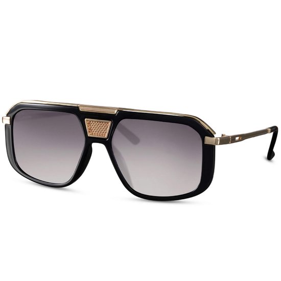 Retro - Zonnebril - WHS-5555 - Unisex - Zwart - Geelgoud - Smoke Blauw - 100% UV400 - Cat.3 - Incl: Hoesje & Poetsdoekje van Merkloos