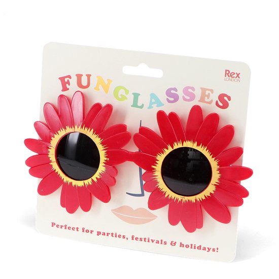 Rex london - Festivalbril - Gekke bril - Rood - Funglasses - Bloemvormige zonnebril -Red sunflower sunglasses van Rex London
