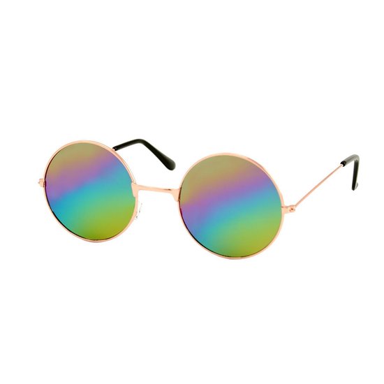 Ronde Hippie Zonnebril Unisex Goud - Regenboog Spiegelglazen - Ronde bril van Pimpampet