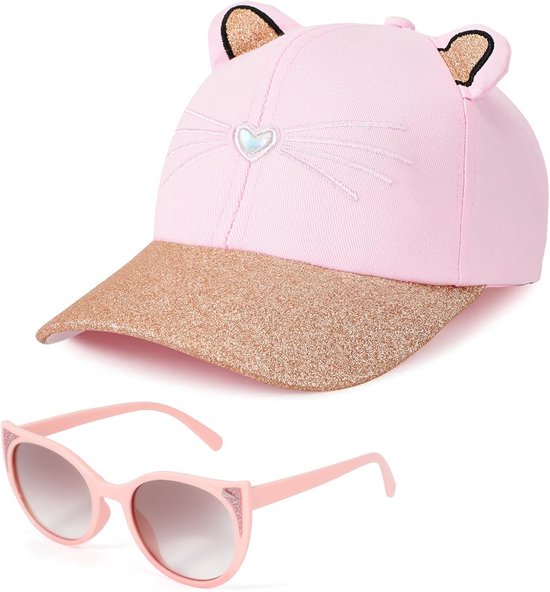 Roze Glitter Kinder Pet met Kattenoren en UV-Beschermende Zonnebril Set van Merkloos