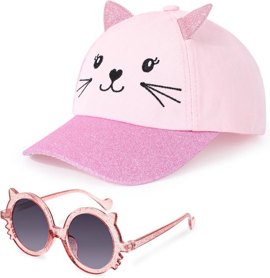 Roze Kinder Pet met Verstelbare Zonnebril - UV-Bescherming en Schattige Kattenoren van Merkloos