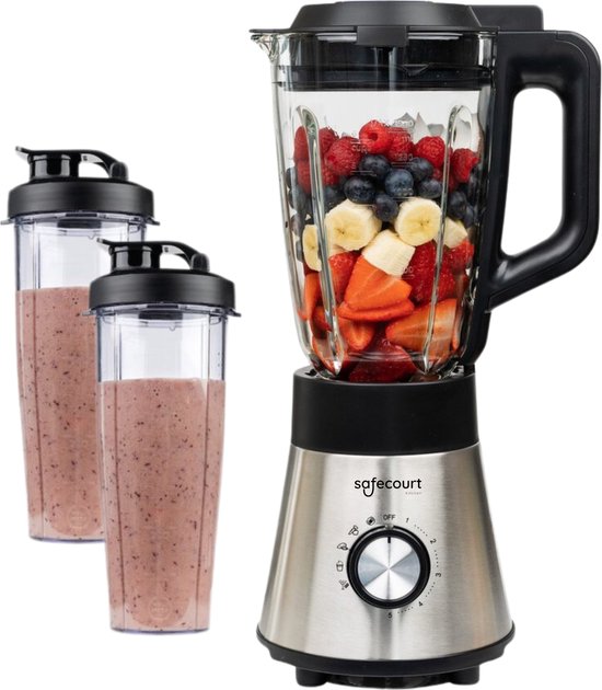 Safecourt Kitchen Power blender - 5 automatische programma's - Smoothie maker - +2 to go cups - RVS van Safecourt