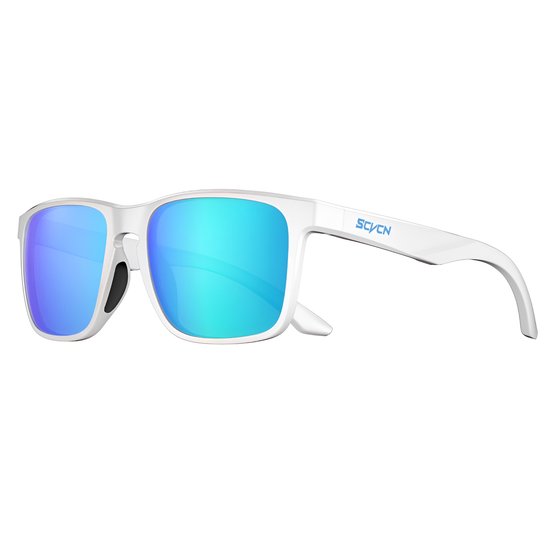 SCVCN® S235-QTC-04 - Zonnebril Piloten - Gepolariseerd Wayfarer Classic Zonnebril - Rechthoekig - Bril Hipster| Vierkant Rechthoekige - Carnavalsbril - Festival bril - Retro Zonnebril - Zonnebril Dames & Heren - Wit Montuur - Blauw Spiegel Glazen