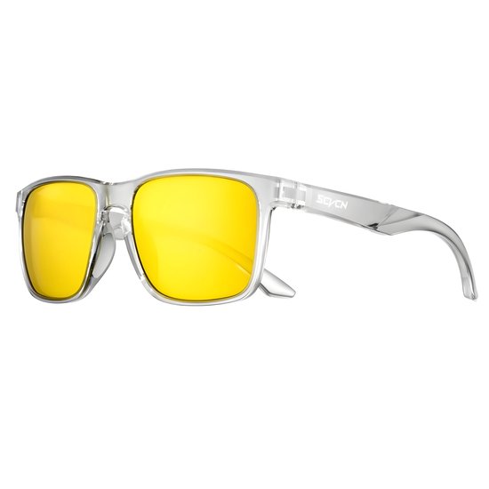 SCVCN® S235-QTC-05 | Zonnebril Piloten | Gepolariseerd Wayfarer Classic Zonnebril | Rechthoekig | Vierkant Rechthoekige | Carnavalsbril |Festival bril | Auto Zonnebril | Zonnebril Dames & Heren |Transparant Grijs Montuur| Nachtbril |Licht Gele Glazen van Merkloos