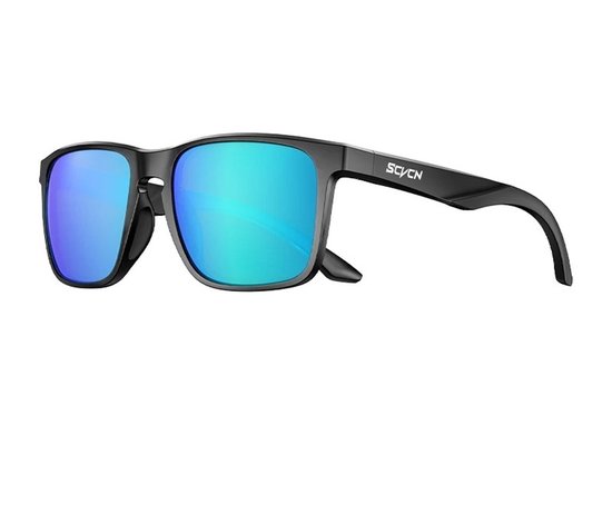 SCVCN® S235-QTC-14 - Zonnebril Piloten - Gepolariseerd Wayfarer Classic Zonnebril - Rechthoekig - Bril Hipster| Vierkant Rechthoekige - Carnavalsbril - Festival bril - Retro Zonnebril - Zonnebril Dames & Heren - Zwart Montuur - Blauw Spiegel Glazen