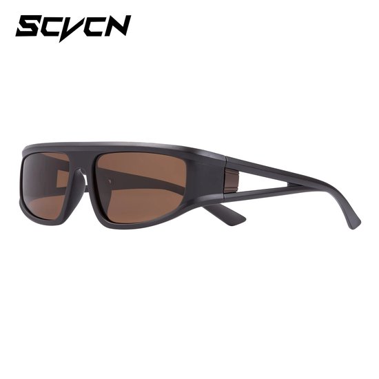 SCVCN S8521 Zonnebril | Gepolariseerde Zonnebril Heren Dames | UV400 Bescherming | Wayfarer Zonnebril |Retro Pilotenbril| Wrap around Vierkant Rechthoekig Montuur |Festival Bril | Fietsbril MTB | Casual Outdoor Zonnebril | Zwart Montuur | Bruine Lens