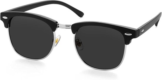 Seazy Clubmaster Zonnebril + Stijlvolle Brillenkoker - Gepolariseerd - Dames/Heren - Festivalbril - Zwart- Zilver