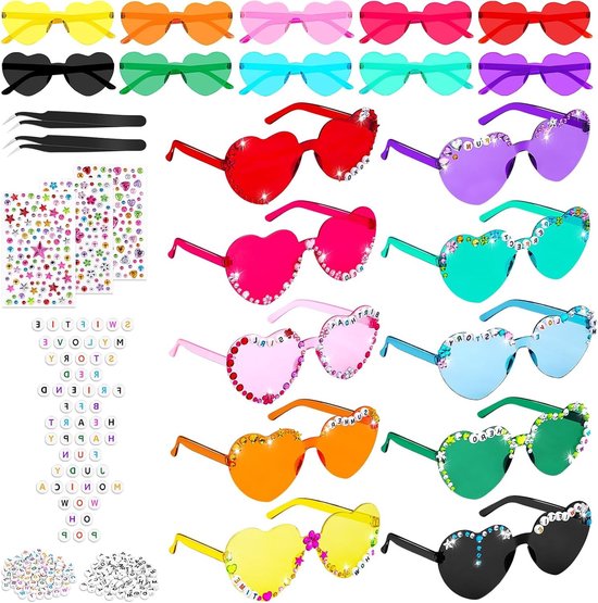Set van 10 Hartvormige Zonnebrillen, Rimless Design, Kleurrijke Vriendschapsbrillen met Letterkralen en Strass, Perfect voor Feestjes en Verjaardagen