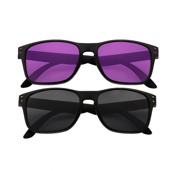 Set van 2 Heren Zonnebrillen – Zwart Montuur – Getinte Glazen in Zwart en Paars – Modern en Sportief Design van Panto Eyewear