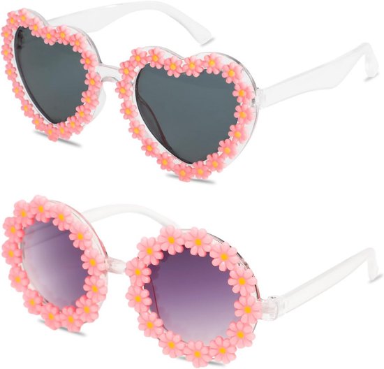 Set van 2 Kinderzonnebrillen Roze Rond & Hartvormig met Roze Print voor Meisjes van Merkloos