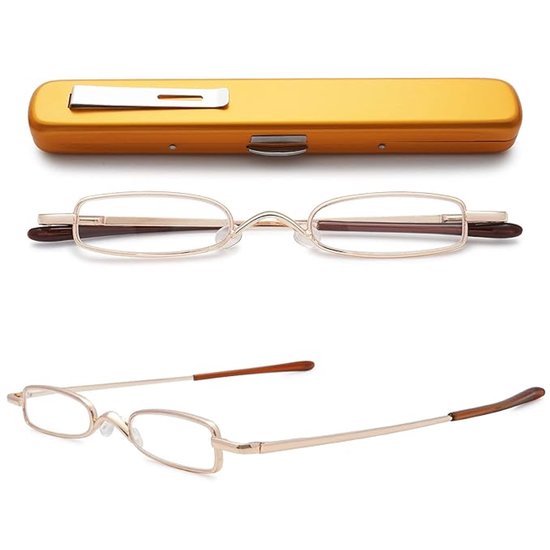 Set van 2 leesbrillen, slank metalen veerscharnier, klassieke stijl, kleine lichtgewicht leesbrillen voor mannen en vrouwen, inclusief etui, goudkleurig (3.0+)
