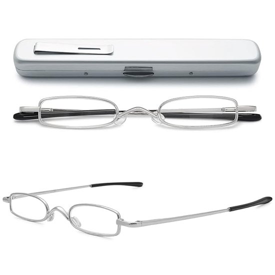 Set van 2 leesbrillen, slank metalen veerscharnier, klassieke stijl, kleine lichtgewicht leesbrillen voor mannen en vrouwen, inclusief etui, zilver (2.0+)