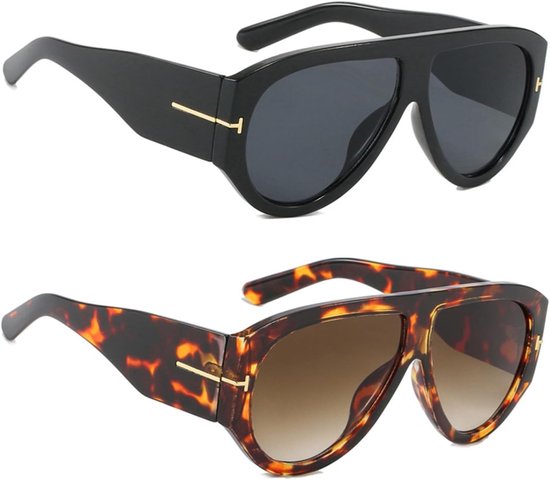 Set van 2 oversized retro zonnebrillen voor mannen en vrouwen, grote vierkante zonnebrillen met UV400 bescherming, perfect voor de jaren '70 stijl van Merkloos