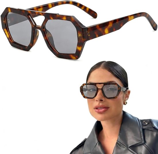 Set van 2 retro bridge zonnebrillen - Klassieke zeshoekige zonnebrillen voor dames - Vierkante rijbrillen UV400 (schildpadpatroon, grijze montuur) van Merkloos