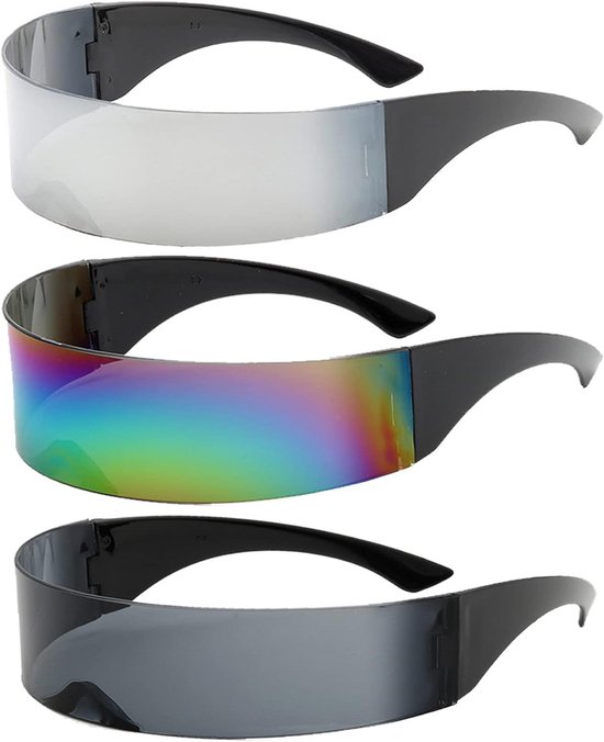 Set van 3 Futuristische Zonnebrillen - Discotheek, Rave & Feest Brillen - Spiegelglazen zonder Rand