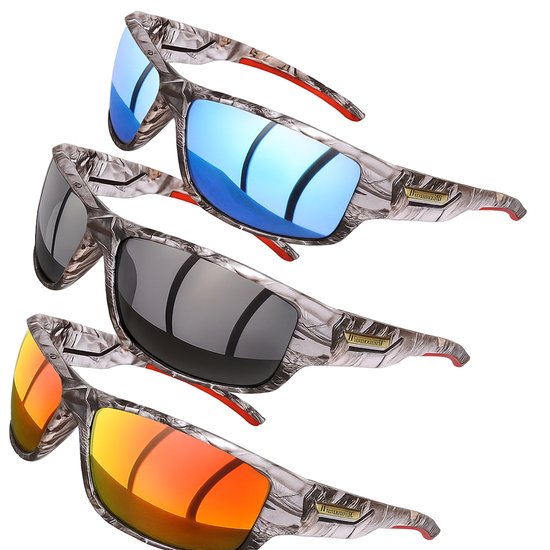 Set van 3 Zonnebrillen en Sportbrillen voor Heren – Camo Design – Spiegelglazen in Blauw, Zwart en Oranje – Outdoor en Sportief Gebruik van Tectake