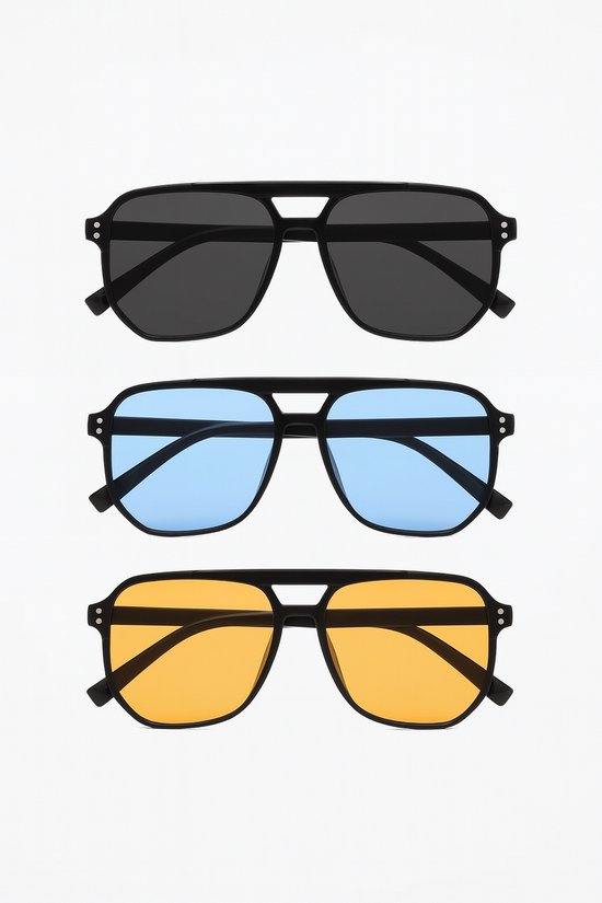 Set van 3 Zonnebrillen Voor Dames en Heren – Aviator Model – Zwart Montuur – Donker, Blauw en Geel Getinte Glazen – Unisex Model van Merkloos