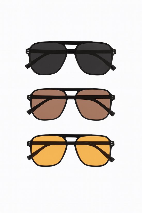 Set van 3 Zonnebrillen Voor Dames en Heren – Aviator Stijl – Zwart Montuur – Donkergrijze, Bruine en Gele Glazen – Unisex Design van Merkloos