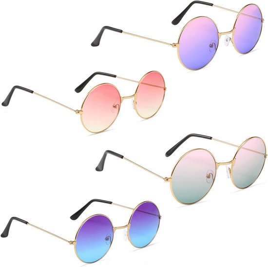 Set van 4 zonnebrillen met verlopend rond frame - hippie zonnebril - damesbril met rond frame - modieuze bril - roze/groen - Eén maat .