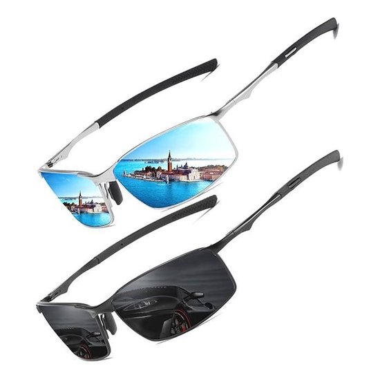 Set van twee unisex gepolariseerde zonnebrillen, UV-bescherming, metalen montuur, klassieke retrostijl.