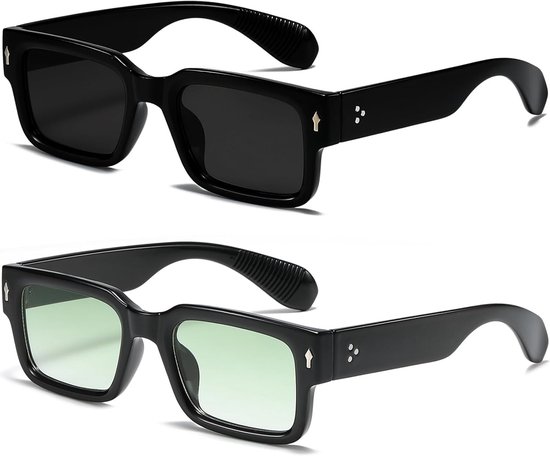 Set van twee vierkante zonnebrillen – Stijlvolle en duurzame rechthoekige zonnebrillen – Unisex – UV400-bescherming – Zwart montuur met grijze glazen – Zwart montuur met groene glazen