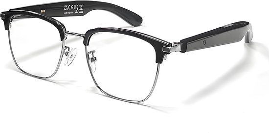 Slimme bril - Bluetooth-bril - AI Smart Translator-bril - Modieuze zonnebril met UV400-bescherming, muziek- en spraakondersteuning, AI-vertaling in meer dan 100 talen en automatisch aan/uit-ontwerp (zilverzwart montuur + anti-blauwlichtlenzen) van Merkloos